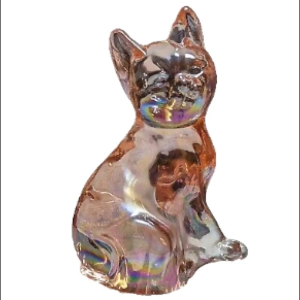 Vintage Fenton Iridescent Pink Glass Cat Kitten Collectible Decor Paperweight